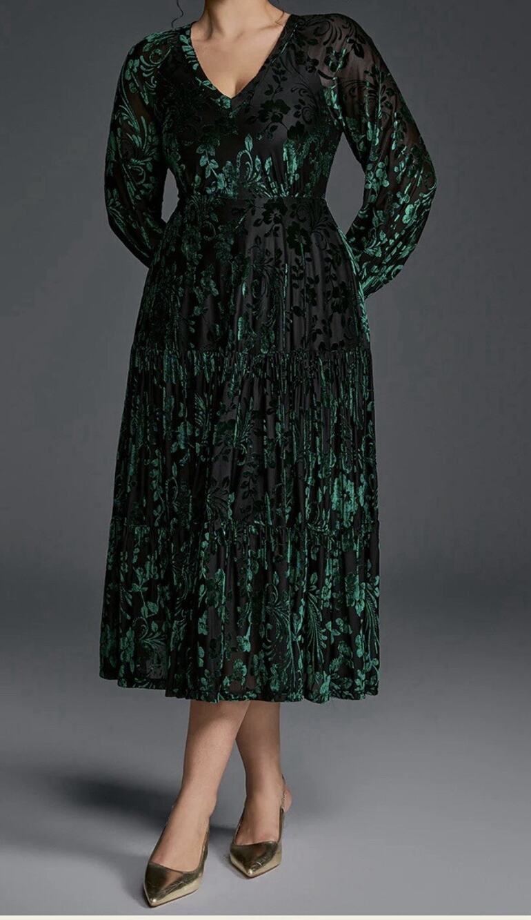 Floral Velvet Green Dress Sheer Curveins XL Princess Preppy Long Sleeve NWT